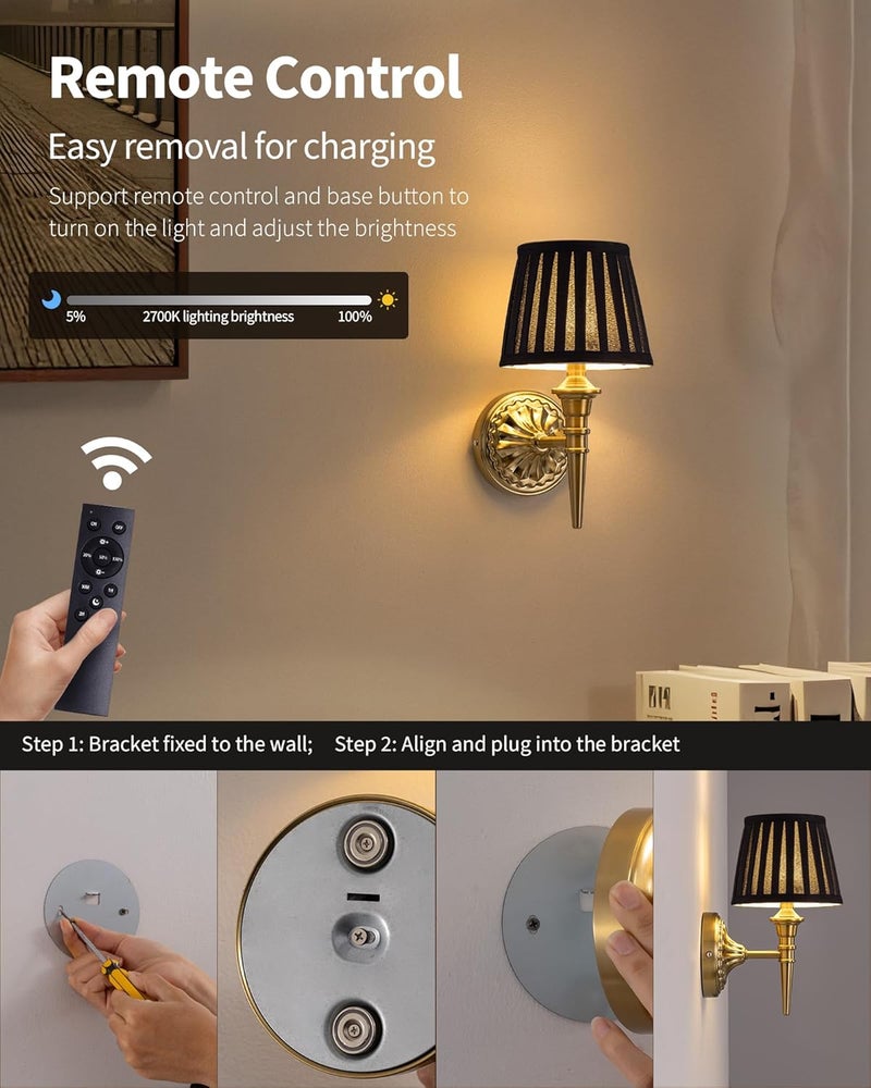 KDG Cordless Wall Sconces Set of 2, Small Wireless 5200mAh Rechargeable Battery Fabric LED Wall Lamps, Portables Lightings for Wall Painting, Living Room, Bedroom, Hallway, Gifts (Black Lampshde) - Image 4